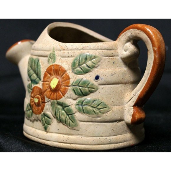 Pottery Watering Can Planter Small Beige Tan Clay Floral Green Glaze Accents - Picture 7 of 9